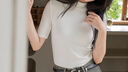 古今（GUJIN）早秋小立領(lǐng)打底衫女半袖t恤百搭內(nèi)搭修身五分袖顯瘦氣質(zhì)上衣 曬單實(shí)拍圖