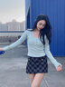 LDBE蕾絲長(cháng)袖t恤女2025春秋季新款打底衫內搭修身顯瘦短款小眾上衣服 淺藍色 XL 曬單實(shí)拍圖