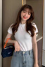 雅鹿白色小高領(lǐng)修身短袖t恤女2025夏季立領(lǐng)薄款顯瘦收腰百搭上衣棉 白色 L 曬單實(shí)拍圖