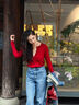 Henny Rue女士針織衫女本命年紅色打底衫秋冬韓系羊毛系扣坑條修身顯瘦毛衣 胭脂紅 M (80-120斤） 曬單實(shí)拍圖