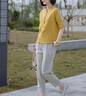 衣典零一（LEDIALYI）時(shí)尚洋氣棉麻套裝女2023夏季女裝新款中年休閑褲女哈倫褲九分褲子 姜黃+麻本色 M（建議110斤內(nèi)） 曬單實(shí)拍圖