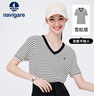 Navigare意大利小帆船短袖V領針織衫女士夏季寬松顯瘦時尚條紋半袖T恤上衣 科技白/黑 XL 碼 曬單實拍圖