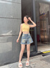 CTOX小個子牛仔短褲女秋夏辣妹高腰寬松顯瘦a字型毛邊五分褲子ins 復(fù)古藍(lán) L 建議【105/115斤】 曬單實(shí)拍圖