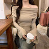 LDBE長(cháng)袖T恤女2025新款內搭打底衫熱辣美式春季修身性感不規則上衣服 燕麥色 M 曬單實(shí)拍圖