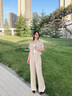 晨芙小個(gè)子西裝外套女夏薄款休閑短袖職業(yè)裝氣質(zhì)正裝短款無(wú)領(lǐng)西服套裝 單件杏色外套 XL 建議110-120斤 曬單實(shí)拍圖