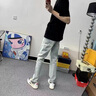 益帛牛仔褲男夏季新款美式復古淺色字母貼布休閑直筒顯瘦修身長(cháng)褲子男 淺藍色 XL 【建議120-135斤】 曬單實(shí)拍圖
