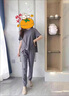 勛貍粑女裝胖人寬松遮肉套裝春夏裝胖妹妹時(shí)尚簡(jiǎn)約遮肚顯瘦兩件套 灰色【上衣:褲子】 L :建議100-115斤 曬單實(shí)拍圖