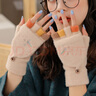 叮咚小格手套女秋冬天加絨加厚保暖可愛學(xué)生寫字翻蓋半指防寒潮毛線手套藍色 曬單實拍圖