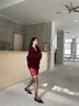 RUIQIUER針織連衣裙女冬季新款女裝v領(lǐng)毛衣高腰半身裙子小個(gè)子休閑套裝 酒紅色 S 曬單實(shí)拍圖
