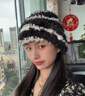 易茶新款保暖護耳針織毛線(xiàn)帽日韓顯臉小可愛(ài)小熊耳朵帽子女秋冬季帽子 條紋-黑色M18 曬單實(shí)拍圖