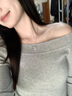 斜領(lǐng)露肩長(zhǎng)袖針織衫女春秋季2025新款韓系修身顯瘦內(nèi)搭打底衫上衣 灰色 M 曬單實(shí)拍圖