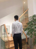 【兩件套】花花公子純色長袖襯衫套裝男2022夏季新款薄款九分西褲男長褲修身韓版襯衣商務(wù)休閑褲一套搭配 CY001白+8096長褲黑 L 曬單實(shí)拍圖