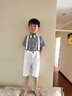蘿卜唄唄 新款夏兒童西裝男禮服男花童禮服西裝套裝男童禮服夏男童禮服套裝夏演出服幼兒園西服休閑西裝 白色四件套（襯衫+短褲+背帶+領(lǐng)結(jié)） 130cm建議體重43-50斤 曬單實(shí)拍圖