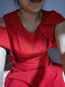 miss nitaly 小心機純色連衣裙女夏新款氣質(zhì)小個(gè)子修身顯瘦露肩伴娘禮服A字裙 紅色  L110-120斤 曬單實(shí)拍圖