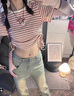 EPET美式復古辣妹微喇牛仔褲女秋季薄款顯瘦高腰小個(gè)子喇叭直筒拖地褲 藍黃染 長(cháng)褲款 身高156-166 常規 S 80-95斤 曬單實(shí)拍圖