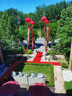 寶晶恒源戶外桌椅庭院花園別墅組合陽臺室外鐵藝家具休閑太陽傘折疊椅露天 80圓桌+4堆高椅+酒紅色傘 曬單實拍圖