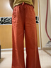 Sorrynam撿漏日系原單亞麻闊腿褲女寬松高腰直筒垂感瑜伽褲休閑棉麻長(cháng)褲 桔紅色 L【建議110-125斤】 曬單實(shí)拍圖