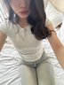 正肩修身顯瘦高腰夏季薄款短袖t恤女不規(guī)則設(shè)計褶皺收腰短款上衣 麻灰色 M【85-96斤】 曬單實拍圖
