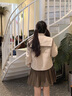 紫涵甜美套裝2件套冬季蝴蝶結(jié)大翻領(lǐng)大衣短裙學(xué)院制服 米色 M 曬單實拍圖