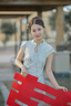 舒芳蝶（shufangdie）新中式國風(fēng)復(fù)古改良旗袍連衣裙女裝2025夏季新款高級感開叉包臀裙 藍色 M 曬單實拍圖