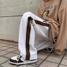 MR-90官方潮牌休閑褲男女同款條紋抽繩復(fù)古直筒褲子寬松ins情侶闊腿褲 白色（NE01-7） XL 曬單實(shí)拍圖