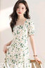 羅蒙碎花連衣裙女2024夏季新款小個子女裝顯瘦氣質(zhì)方領(lǐng)a字裙雪紡裙子 綠色 S 曬單實拍圖
