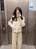 thombnailTB條紋90白鴨絨羽絨服女短款冬季新款輕暖拼接針織保暖羽絨服外套 米白色 S （建議80-105斤） 曬單實(shí)拍圖