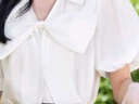 秋水伊人秋水伊人甜美蝴蝶結(jié)V領(lǐng)雪紡衫2024夏季新款女花苞袖減齡短袖上衣 米色 L 曬單實(shí)拍圖