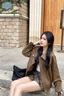 樂(lè)雅秀皮衣外套女早秋學(xué)院風(fēng)棕色皮衣美式痞帥皮夾克2025新款 咖啡色 S 曬單實(shí)拍圖