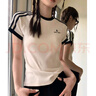 小野七天條紋正肩短袖t恤女夏辣妹修身顯瘦杏色短上衣 杏色 S 曬單實(shí)拍圖
