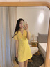 AUI 小個子V領連衣裙女2022年夏季新品設計感時尚女裝收腰a字裙子 黃色 XS 曬單實拍圖