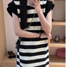 妃奧絨條紋連衣裙女夏歐洲站歐貨洋氣減齡小個(gè)子飛飛袖休閑T恤裙子 黑白條紋 M 曬單實(shí)拍圖