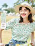 百圖betu女裝夏新款襯衫法式碎花圓領(lǐng)顯瘦短袖蕾絲襯衫女2304T34 藍色 M 曬單實(shí)拍圖