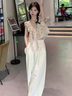 瑪嬌媚（Majiaomei）休閑褲女裝套裝2023年新款夏裝設計感小眾碎花雪紡衫闊腿九分褲女 圖片色套裝 S 曬單實(shí)拍圖