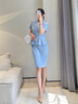 AD職業(yè)裝穿搭氣質(zhì)女神范套裝女時(shí)尚工作服中袖假兩件連衣裙工裝裙 短袖藍色連衣裙 S 曬單實(shí)拍圖