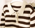 Olrain歐芮兒條紋套頭長(cháng)袖毛衣女春裝顯瘦氣質(zhì)POLO領(lǐng)拼接針織衫女 咖色 M 曬單實(shí)拍圖