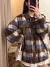 CTOX設(shè)計感PU皮拼接格子毛呢外套女2024冬新款小個子寬松保暖呢子大衣 棕格紋 M 115斤內(nèi) 曬單實拍圖