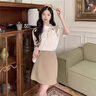 唐菓蜜新中式國風連衣裙女2024夏季新款女裝小個子甜美風旗袍裙套裝裙子 杏色上衣+卡其裙子 M 曬單實拍圖
