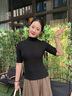 半高領(lǐng)中袖t恤女半袖打底衫內(nèi)搭春夏2024新款修身五分袖上衣短袖 黑色【螺紋半高領(lǐng)】 M【90-102斤】 曬單實(shí)拍圖
