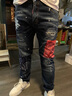 劈靂戰車(chē)   2021年新款刺繡破洞牛仔褲男士修身小腳韓版潮流青年彈力潮牌繡花男褲子個(gè)性百搭 TC-017藍色 34 曬單實(shí)拍圖