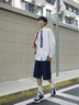 柏銘臣日系cityboy深藍(lán)色牛仔褲短褲男夏季薄款美式高街中褲潮ins五分褲 深藍(lán)色 L【建議110-130斤】 曬單實(shí)拍圖
