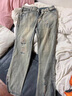 益帛破洞牛仔褲男美式高街側開(kāi)拉鏈黃泥染做舊修身潮牌直筒長(cháng)褲子男裝 黃泥色 L【建議110-125斤】 曬單實(shí)拍圖