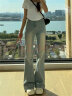 索菲堡 2023夏设计感小众直筒阔腿拖地裤子美式复古高腰微喇叭牛仔裤女 蓝色 L 实拍图