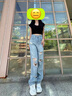 紅蜻蜓破洞高腰直筒牛仔褲女夏季薄款新款寬松闊腿拖地褲子 淺藍(lán)色長(zhǎng)褲 L 【112~125斤】 曬單實(shí)拍圖