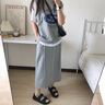 衣典零一（LEDIALYI）高級感氣質休閑套裝裙女夏季2024年新款假兩件T恤半身裙子兩件套 灰色 S（建議105斤內） 曬單實拍圖