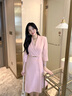 AD正式場(chǎng)合連衣裙女氣質(zhì)時(shí)尚西服裙子OL通勤輕奢職業(yè)裝夏季 七分袖粉色連衣裙 S 曬單實(shí)拍圖