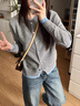 DXOT秋冬韓系chic拼接撞色假兩件灰色針織衫外套女慵懶外搭毛衣上衣女 灰藍(lán)色款 M 建議95-105斤 曬單實拍圖