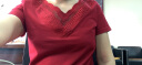 茵曼夏新款棉料弹力V领短袖T恤绣花纯色打底修身上衣女【18225111】 暗红色 S 实拍图