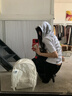 佐敘闊腿褲女 美式復古小眾字母火焰飄帶休閑衛褲設計感寬松休閑直筒 黑色 L 【建議110-125斤】 曬單實(shí)拍圖