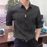 逐夢(mèng)顏襯衫男士夏季新款外套修身冰絲條紋百搭襯衣長(cháng)五分袖潮牌痞帥純色 黑色T60 L 曬單實(shí)拍圖
